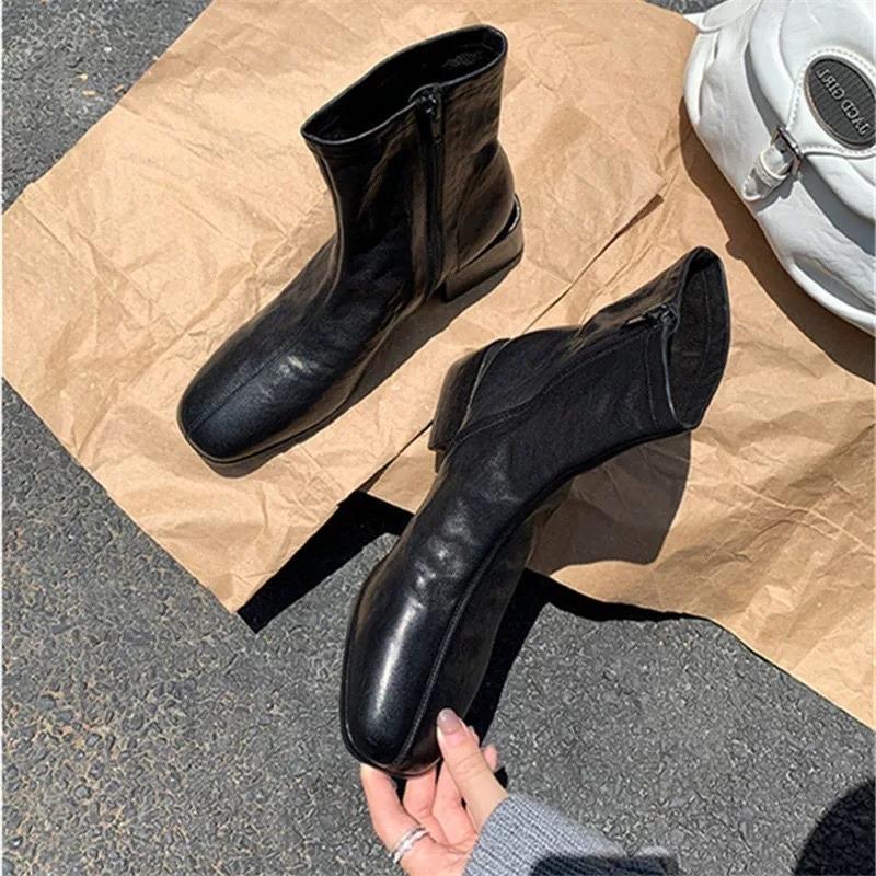 Autumn Design Heel Ankle Boot Fashion Square Toe Zipper Ladies Casual Chelsea Boots Shoes Soft Leather Short Boot