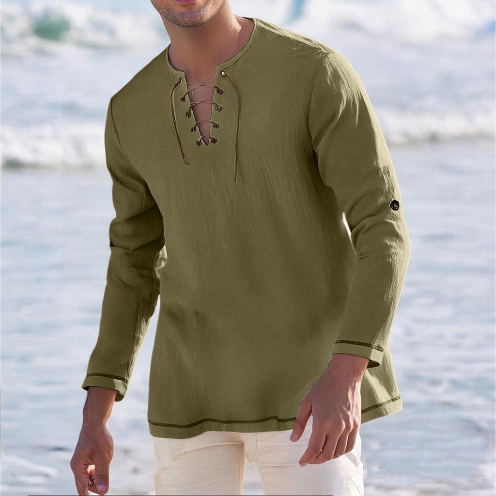 Men's Casual And Fashionable Cotton And Linen Solid Color Round-neck Long-sleeved