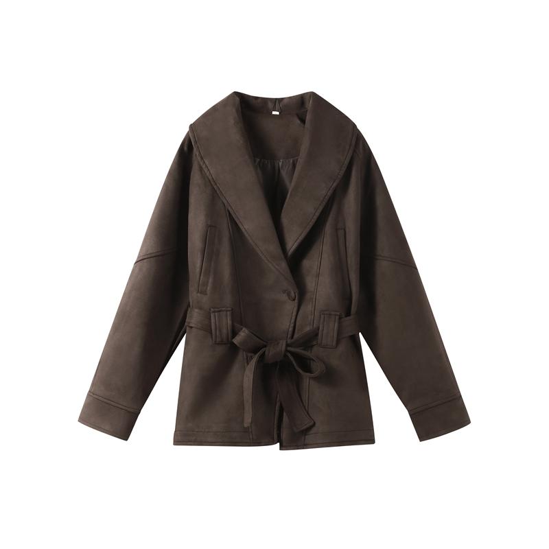 Dámská teplá semišová bunda tmavě hnědé barvy s klopami na šněrování, s dlouhým rukávem, na dojíždění, blejzr v retro britském stylu, temperamentní bunda, podzim 2025