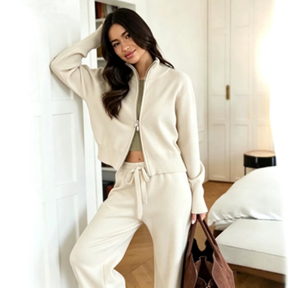 Double-open zipper sweater set, European, American autumn and winter new temperament commuting fashion casual wide-leg pants two-piece set