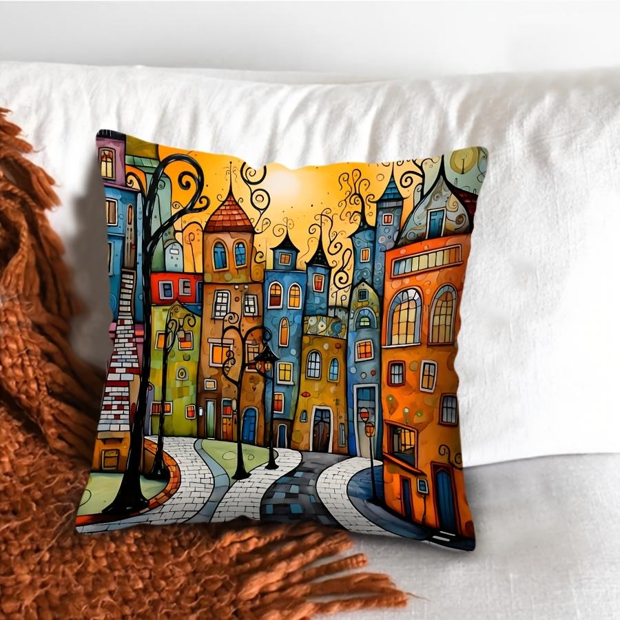 1 Pezzo Federa per Cuscino Decorativa a Tema Città Fantasiosa, Adatta per Divano, Camera da Letto, Soggiorno, Un Regalo Creativo per gli Amanti dell'Arte.