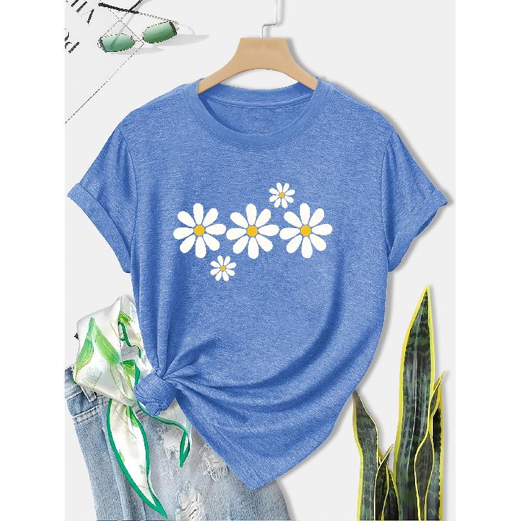 Women's European and American style summer short-sleeve top with contrasting colors and a print of several white daisy flowers, fashionable