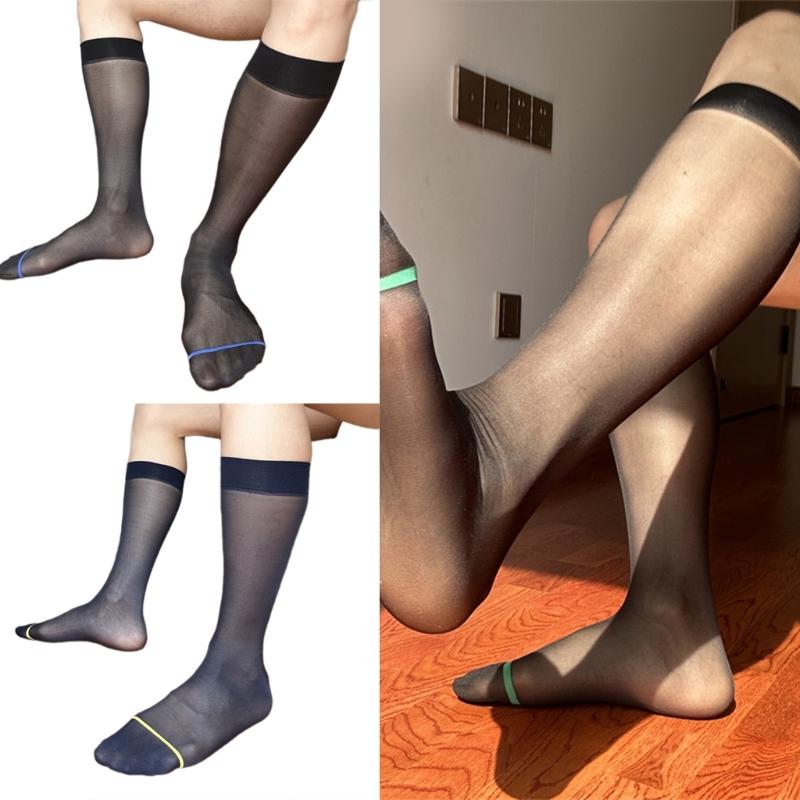 Men's Over The Calf Dress Socks Breathable Fabric Thin See Through Nylon Stockings for Formal Event and Business Meeting