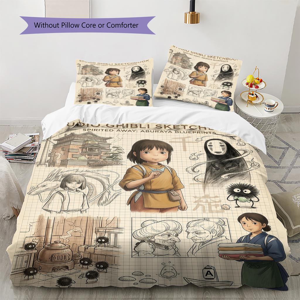 Retro Spirited Away Pattern Bedding Quilt Set Home Decoration Gift (1 * Duvet Cover + 2 * Pillowcase Without Core)