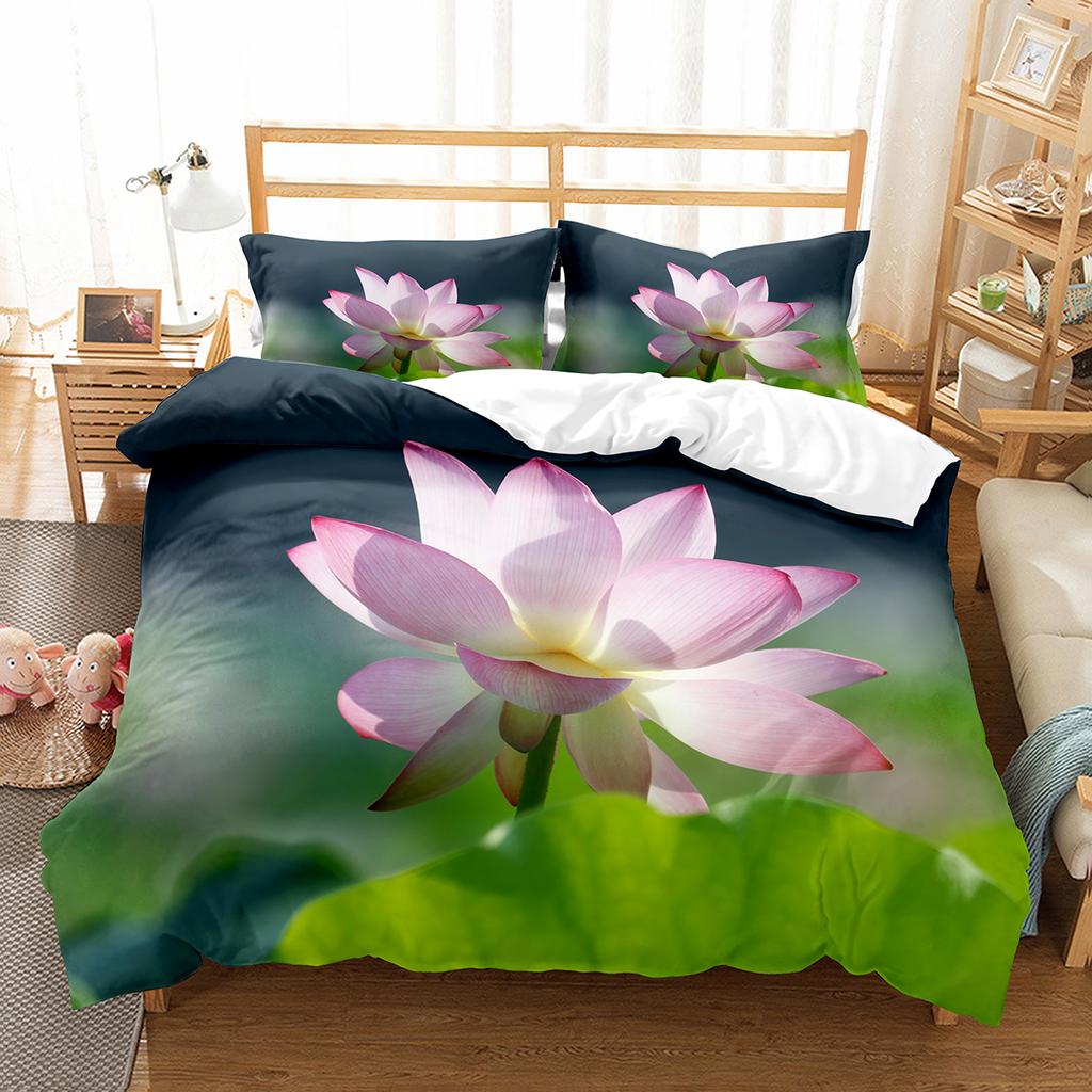 Lotus Flower Duvet Cover Set Lotus Leaf Pattern Polyester Quilt Cover King Full Size For Kids Teens Bedding Set With Pillowcase