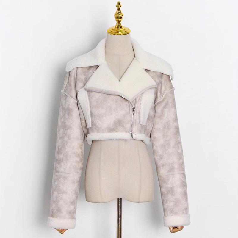 

2026 Spring Women s Classic Retro Lapel Motorcycle Lambswool Jacket S