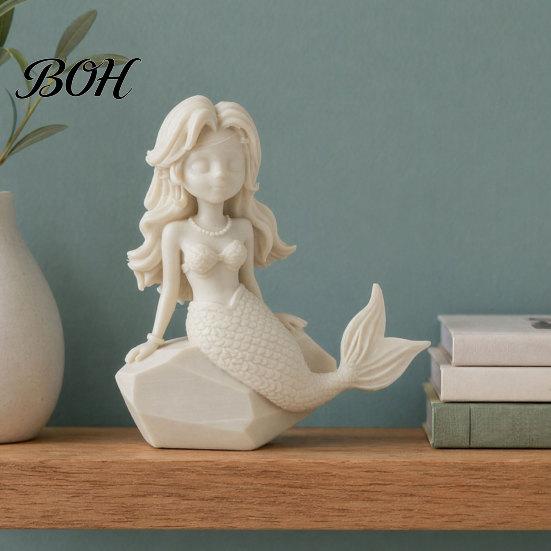 Cartoon Mermaid Figurine 3D Printed Action Figure, Dark Gothic Style with Matte Black Finish, Movable Joints Wavy Hair Design & Wide Rock Base, Decor