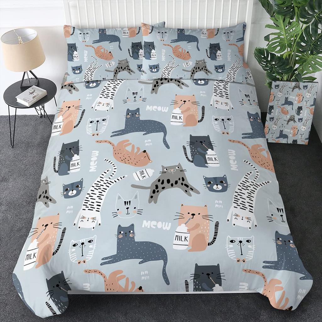 Sada povlečení s kočkami, Šedobílá sada ložního prádla s kočkami, Kreslená sada přikrývky s kočkami, Dívčí Kawaii sada povlaku na přikrývku s kočkami Full King Size