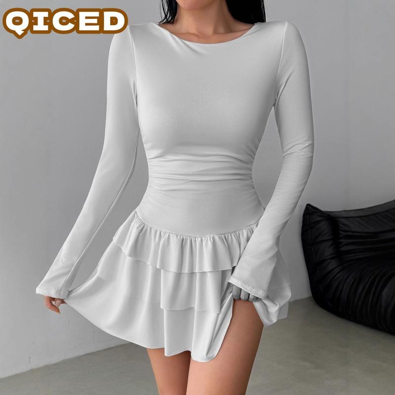 QICED Fashion Autumn Winter Solid Color Print Long Sleeve O-Neck Casual Dresses Unique Design