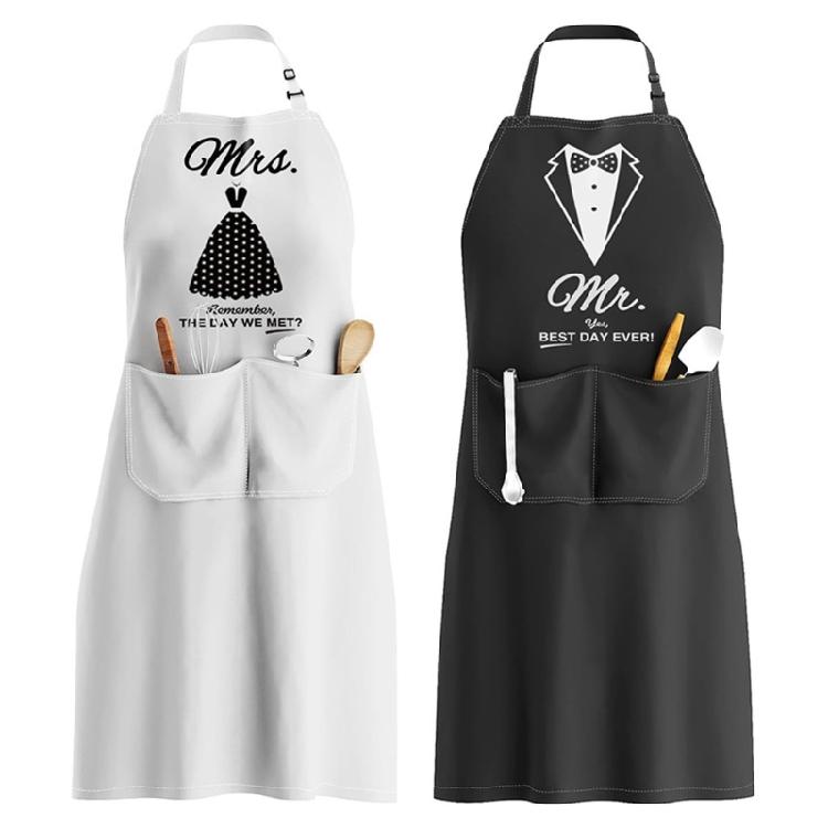 Protective Cooking Apron Adjustable Neck Strap With King Queen Mr Mrs Letter Design for Couple, Husband, Wife