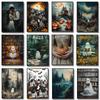 Ghost and Black Cat Forest Wildflowers Poster Print Pumpkin Canvas Painting Spooky Halloween Art Dark Academia Room Home Decor