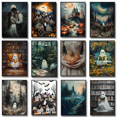 Ghost and Black Cat Forest Wildflowers Poster Print Pumpkin Canvas Painting Spooky Halloween Art Dark Academia Room Home Decor