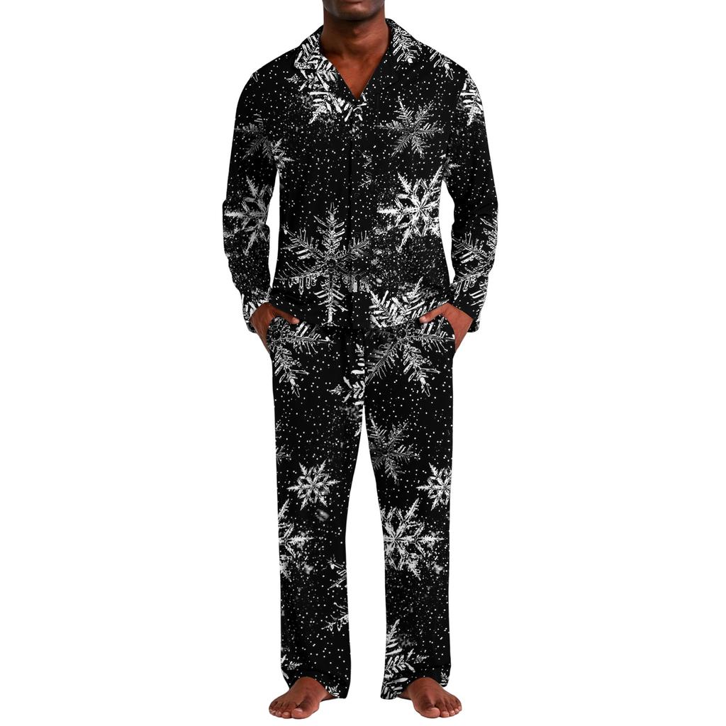 Men's Christmas Pajama Set with Button Down Shirt and Straight Leg Pants, Casual Print Sleepwear Two Piece Outfit, Festive Holiday Loungewear