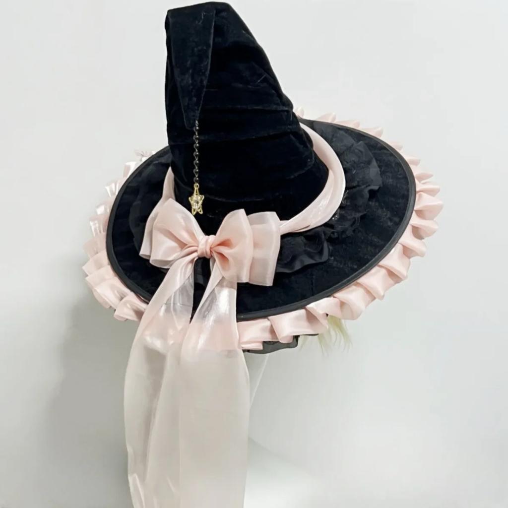 Elegant Witch Hat With Bowknot - Spooky Halloween Costume Accessory For Women, Ruched Adjustable Wizard Hat Party Supplies
