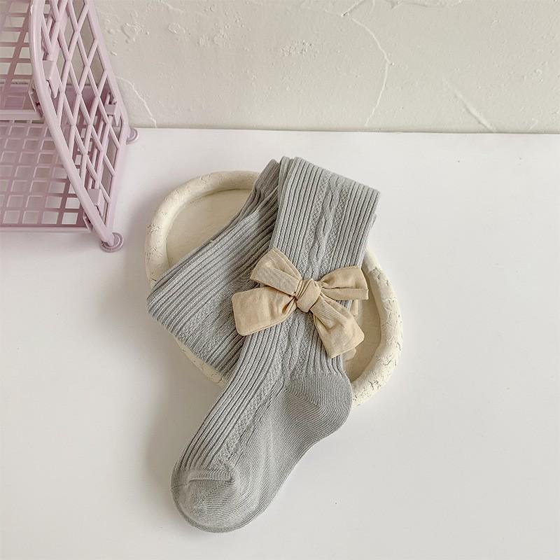 2024 Spring & Autumn Cable Knit Bow Leggings for Girls - Striped Tights with Open Crotch