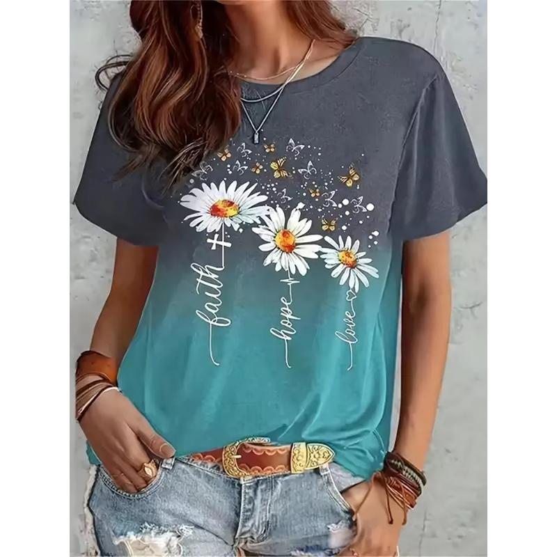 Flower Short Sleeve Fashion Women's Crew Neck Short Sleeve 3D Flower Color Printing Crew Neck T-Shirt