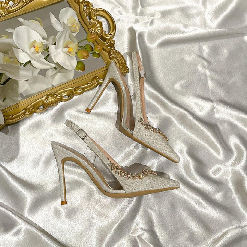 Fashion 2025 New Fine Heel Pointy Diamond Pumps Pearl Wedding Shoes Sparkles Baotou Glass Glue High-heeled Sandals