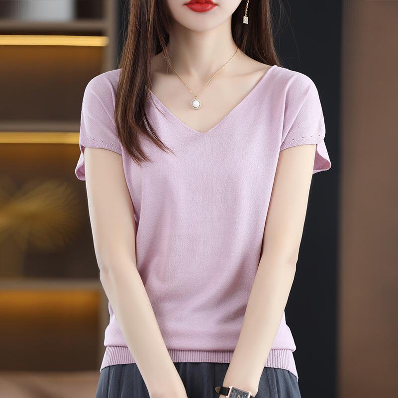 2023 Women's Ice Silk V-neck Summer Top: Short Sleeve T-shirt & Sleeveless Knitted Vest