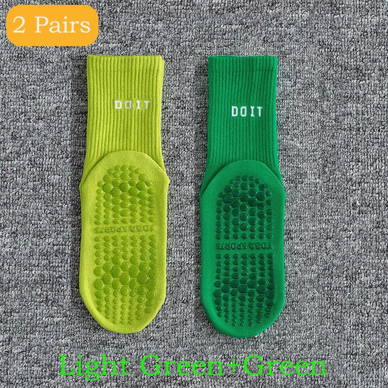 2 Pairs Sports Socks Cotton Mid-calf Yoga Socks Solid Striped Breathable Anti-slip Indoor Fitness Socks Gym Dance Pilates Socks