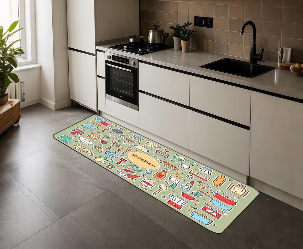 Cartoon Graffiti Knife and Fork Soft Kitchen Non-slip Floor Mat, Kitchen Carpet Mat, Washable Home Decoration Carpet Mat