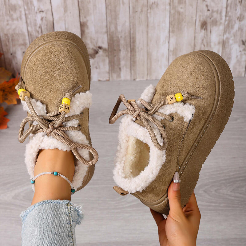 Fashion Comfort Platform Fluffy Fur Snow Boots Women 2025 Winter Thick Bottom Furry Ankle Boots Colored Bead Lace Up Suede Casual Shoes