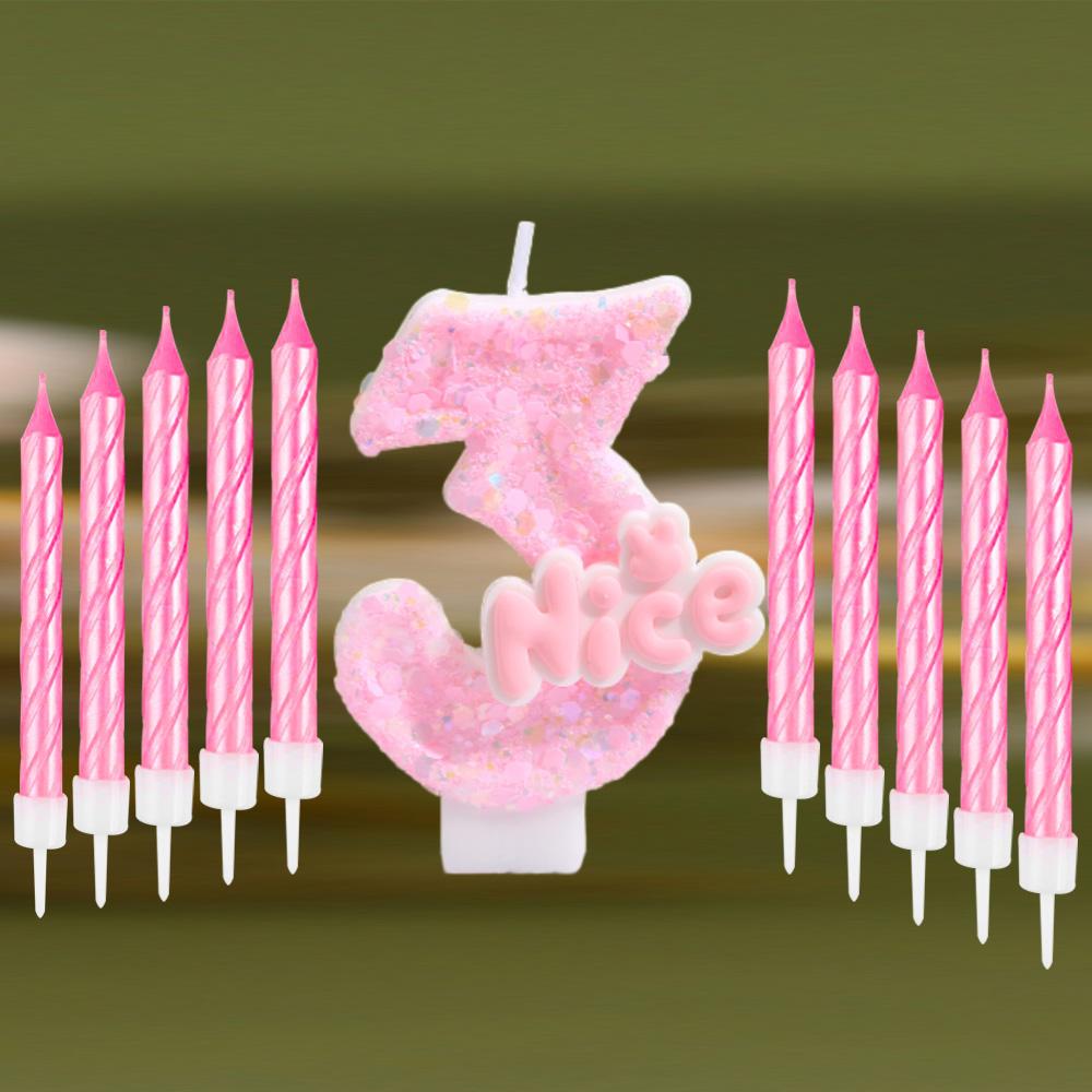 11pcs Glitter Pink Nice Birthday Candle 0-9 Cake Topper Decorations for Girl Woman Baby Shower Party Wedding Decor Supplies