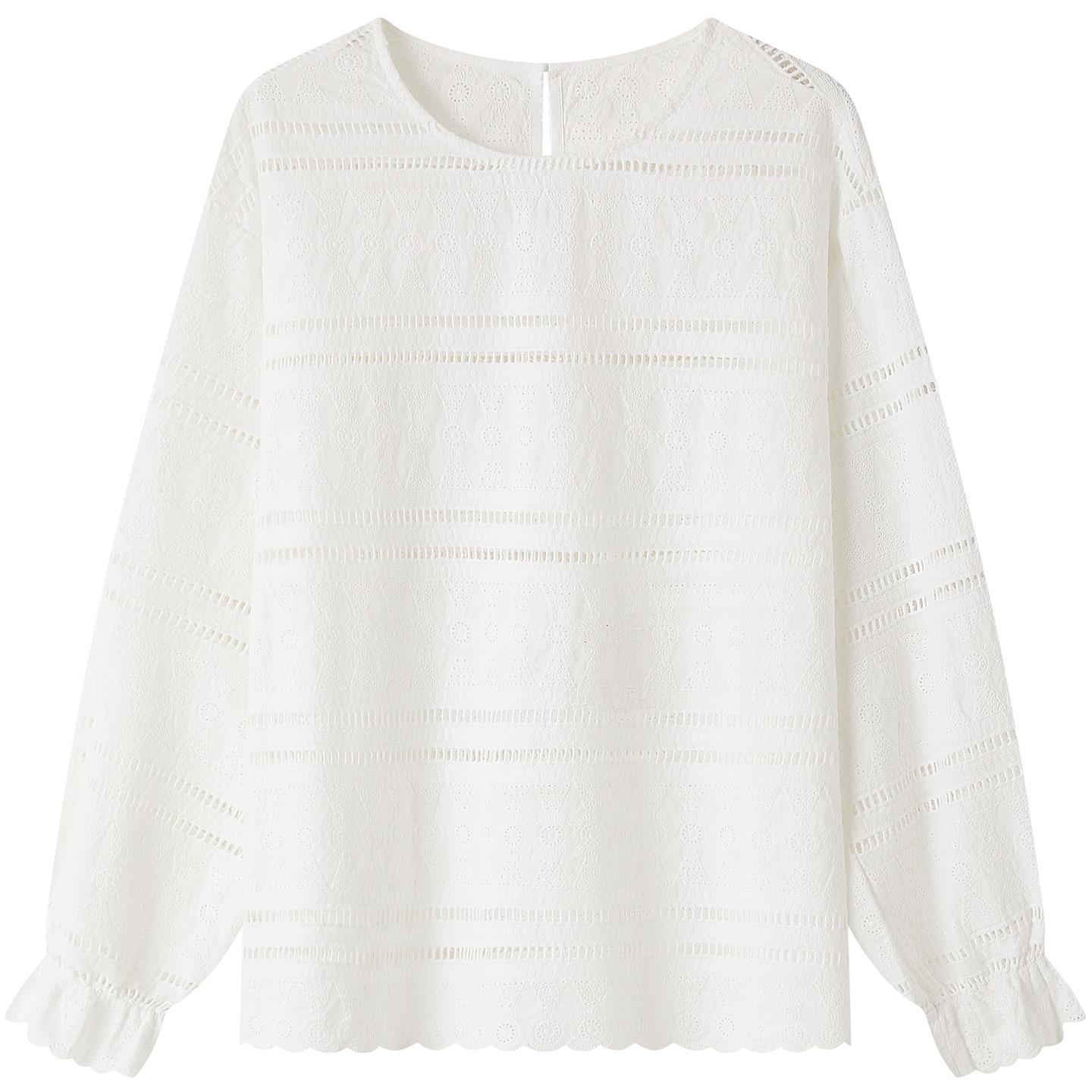 Women s White Embroidered Round Neck Long Sleeve Cotton Shirt - Spring 2026 Slimming Loose Fit One Size белый