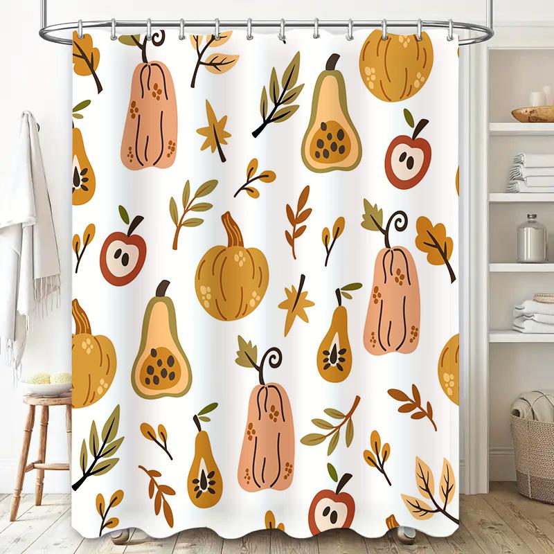 Vibrant Fall Fruits Shower Curtain Autumn Leaves Decor for Bathroom Pink Pumpkin Pears Print Bath Mat Decoration Cover Set