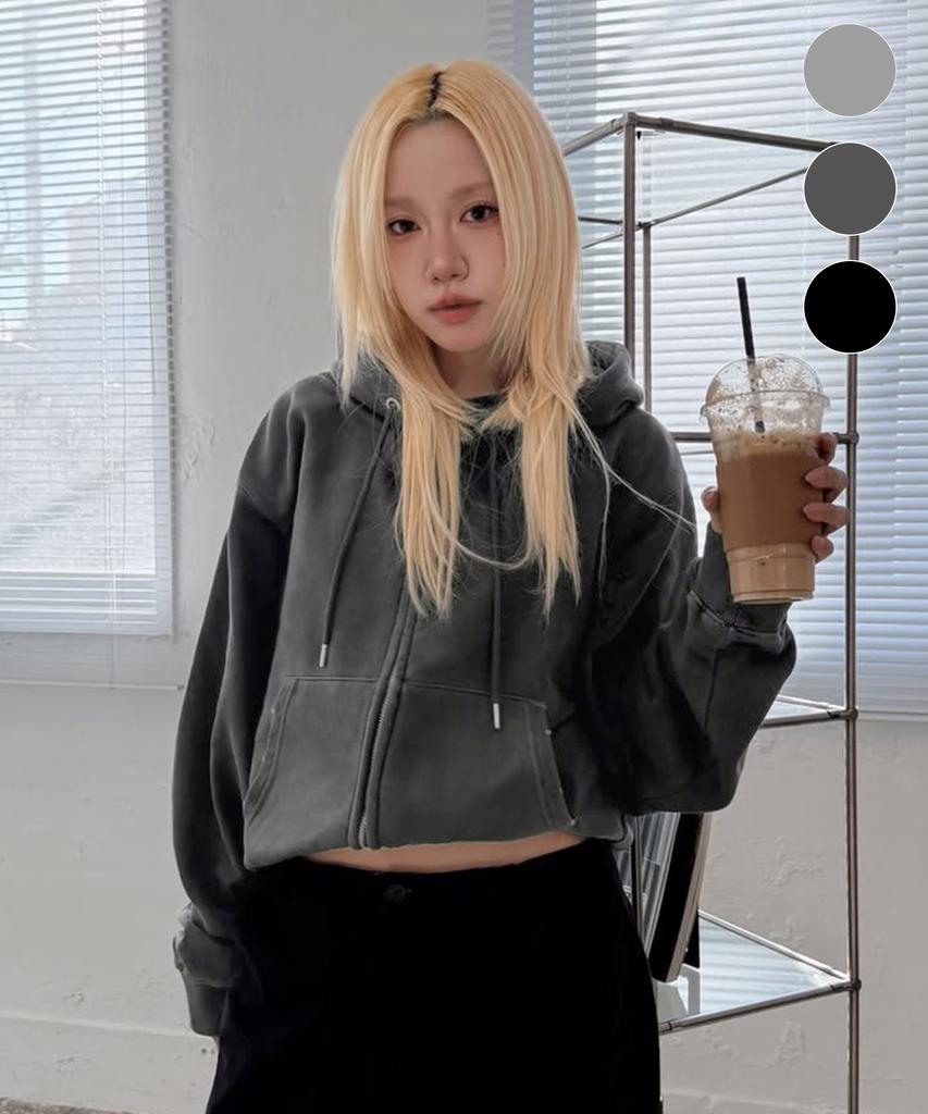 Filluminate Damaged Semi-Crop Zip-Up Hoodie - 3 Colors