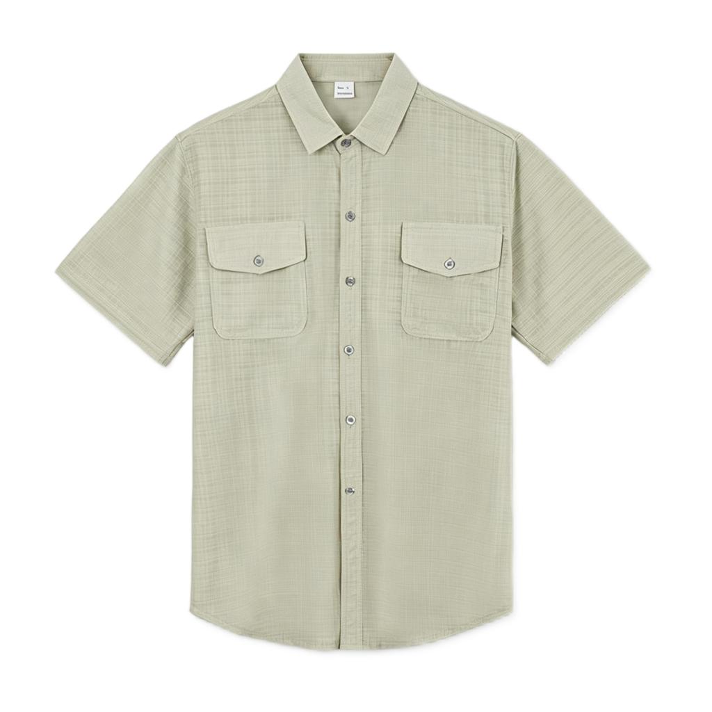 Men's Short Sleeve Linen Work Shirt - Lightweight Breathable, Two Pockets, Collar, Relaxed Fit