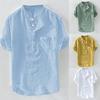 Men's Summer New  Cotton Hemp Button Short Sleeves Fashion Large Blouse Top