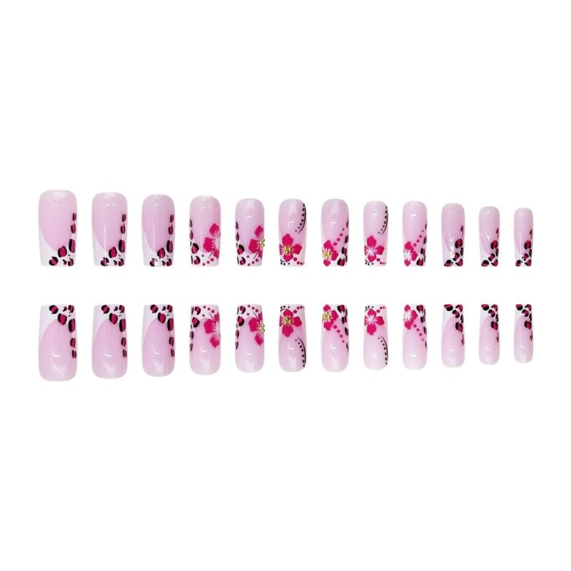 Square Press On Nail Flower Fake Nail Glues On Nail Artificial Acrylic Nail 24pcs Stick On Nail for Womens and Girls