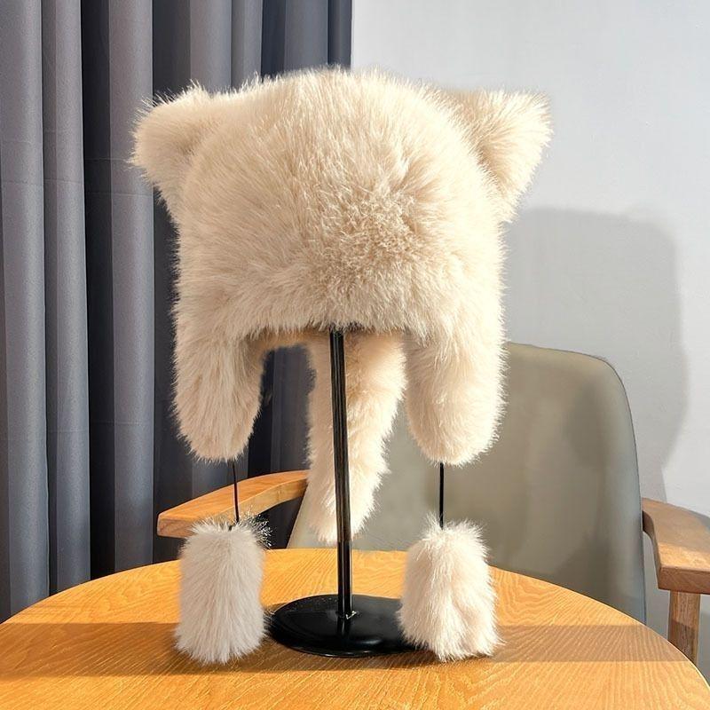 Women's Winter Fluffy Lei Feng Hat with Raccoon Tail and Faux Fur Ear Flaps