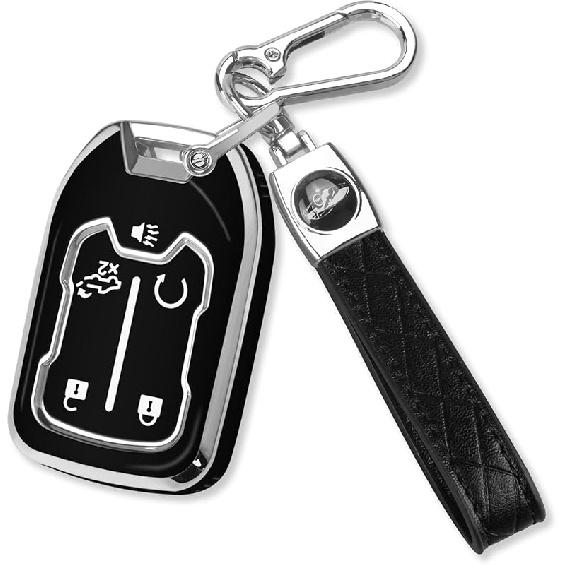 QBUC for GMC Key Fob Cover with Keychain Chrome Silver Trim Soft TPU Protection Case Compatible with GMC Acadia Sierra Terrain and Chevy Silverado