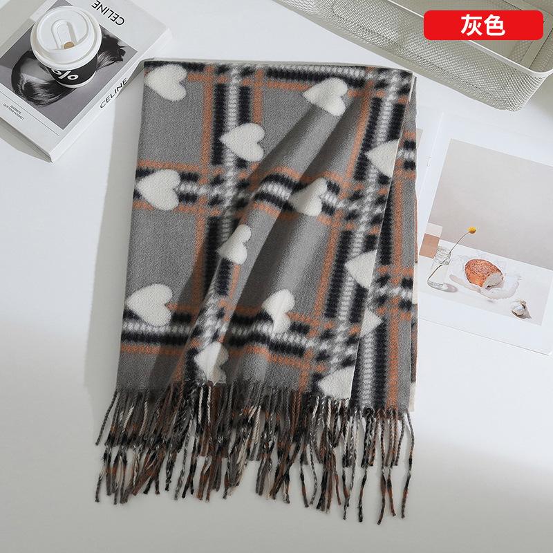 Double Side Heart-Shaped Checkered Scarf Female Winter Korean Fashion Versatile Shawl Thickened Outer Scarf Warm Neck Protection
