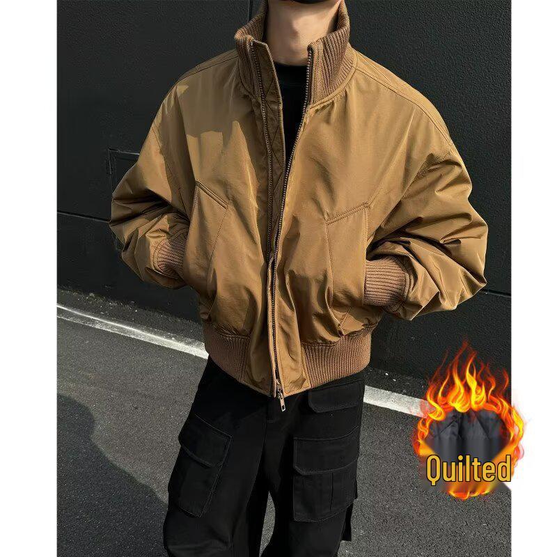 

Men s Trendy American Style Stand Collar Bomber Jacket - Thickened Cotton Winter Outerwear for Teens Large коричневий