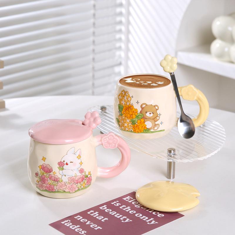 Kreative Katze Tasse mit Deckel Geschenk Trinkbecher Süße Hase Keramik Kaffeetasse Büro Wasserbecher