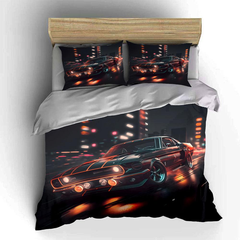 Racing Cars Speeding Through the Night Print Bedding Set 1 Duvet Cover 2 Pillowcases for Adult and Children Luxury Gift