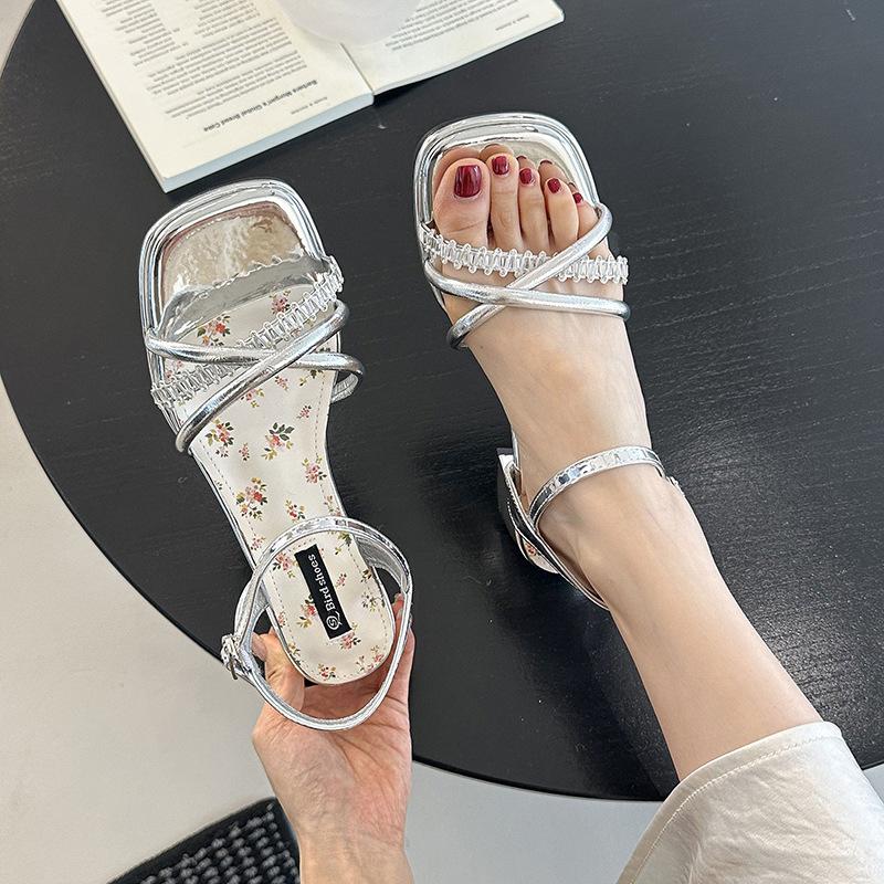 French open-toed rhinestone sandals 2025 spring new fashion outer wear thick heel square head one-word buckle with skirt women's shoes