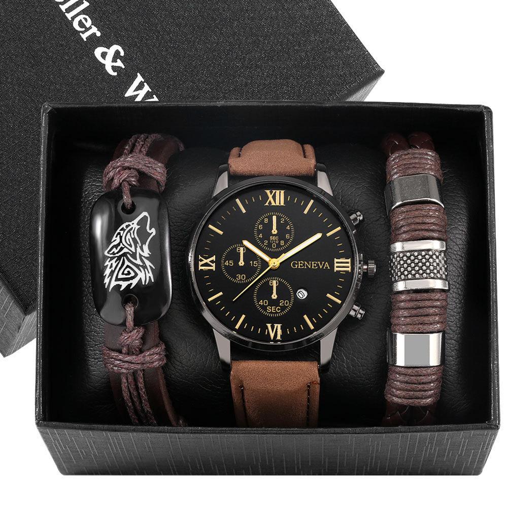 Luxury Men's Sports Casual 3Pcs/Set Quartz Wrist Watch Bracelet Business Fashion Jewelry Gift Alloy Case Leather Glass