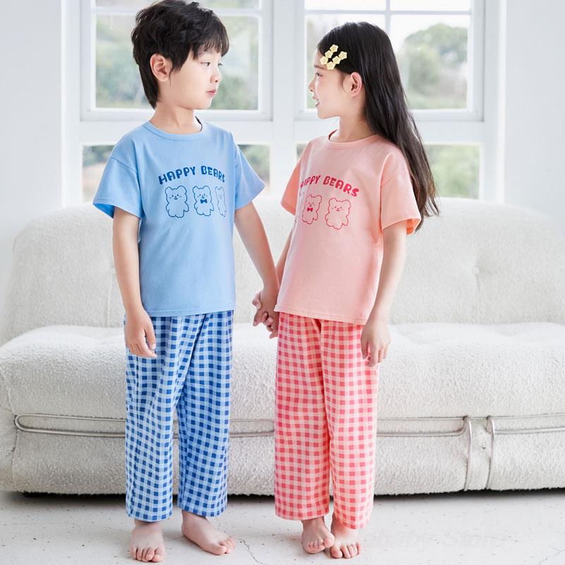 Fioletowe piżamy dla dziewcząt 3 do 12 lat Vintage Plaid Summer Pyjama Boy Pijama Cotton Short Sleeve Tops + Pants Ubrania