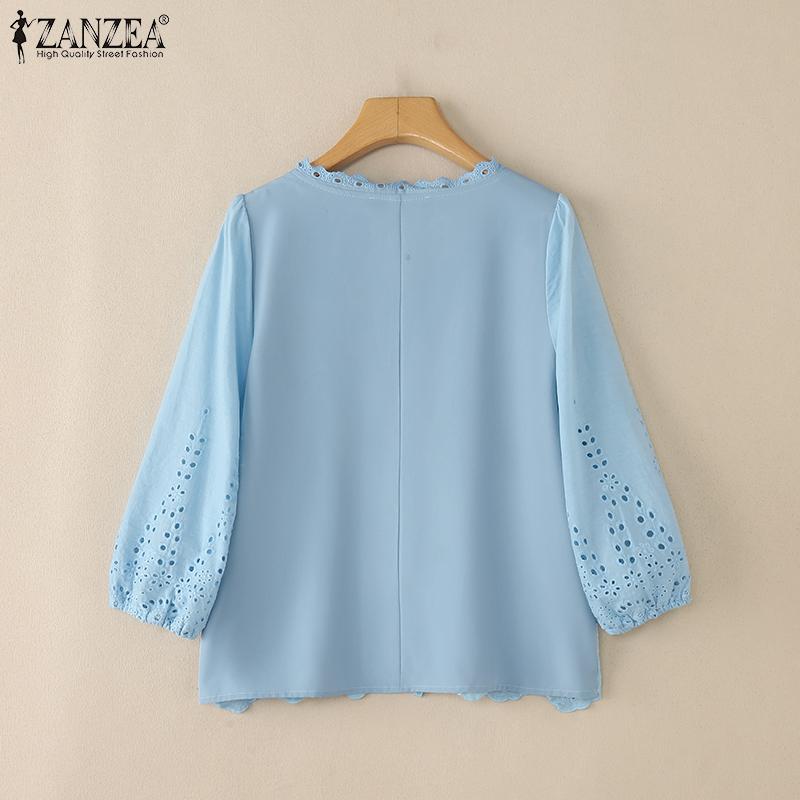 ZANZEA Women Square Collar Summer Hollow Embroidered Casual 3/4 Sleeve Blouse