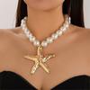 Imitation Pearls Necklace for Women Adjustable Length Clavicle Chain Starfish/Conch Neckchain Jewelry Party Accessory