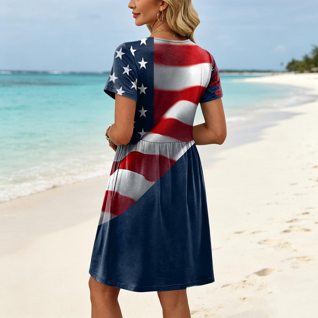 Women's Short Sleeve Floral Print Casual Dress Round Neck Waist Tie with Pockets Lightweight Summer Dress