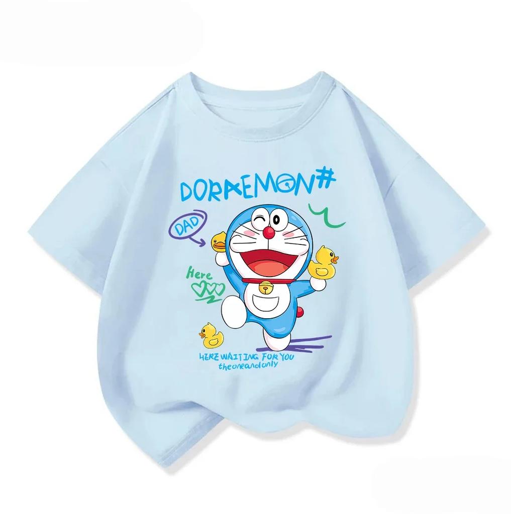 Summer Children Crew Neck T Shirt Fashion Cartoon Print Cute Street Style Tops Doraemon Boys Girls Outfit 314Y