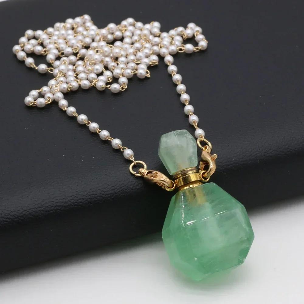 A natural stone perfume bottle pendant necklace jewelry, rose quartz amethyst essential oil diffuser pendant, pearl beaded necklace