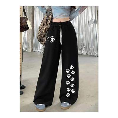 Women's Girls Fashion Casual Trousers Autumn and Winter Loose Straight Leg Pants with a Kitten Design