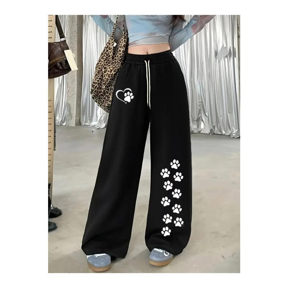 Women's Girls fashion casual trousers autumn and winter loose straight leg pants with a kitten design