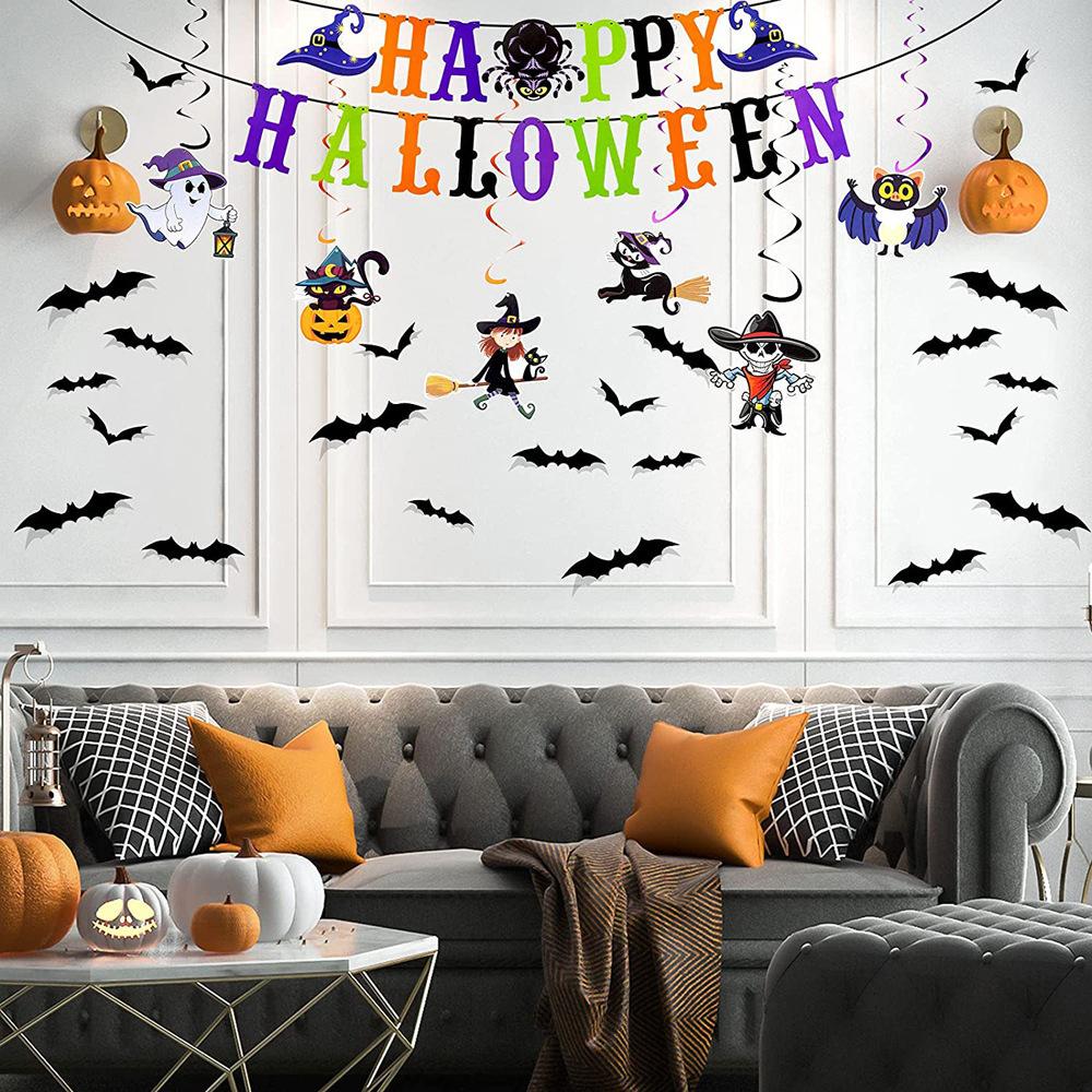 Happy Halloween Alphabet Flag Pumpkin Witch Black Cat Spiral Pendant Bat Sticker Set