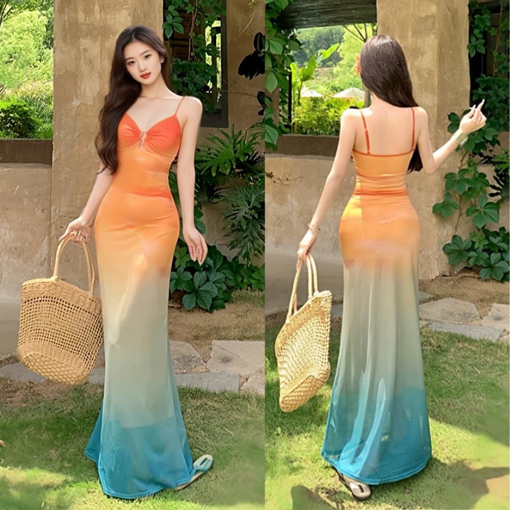 Holiday Vacation Wind Dopamine Beautiful Island Vacation Atmosphere Gradual Change Color Sunset Tie Dye Mesh Suspender Dress
